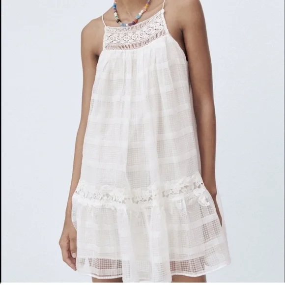 Zara Babydoll White Lacey Square Neck Feminine Bridal Mini Dress A7 - Picture 1 of 4